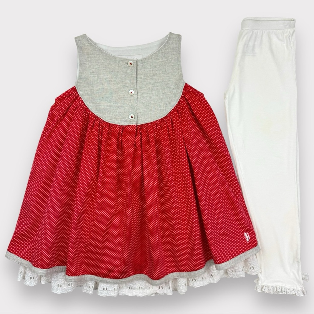 Sz 7 Well Dressed Wolf red dot Sandy tunic/dress & Omi Jo white leggings set